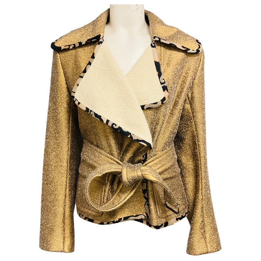 Dries Van Noten Gold Metallic Textured Jacquard Jacket with Ecru Wool Interior