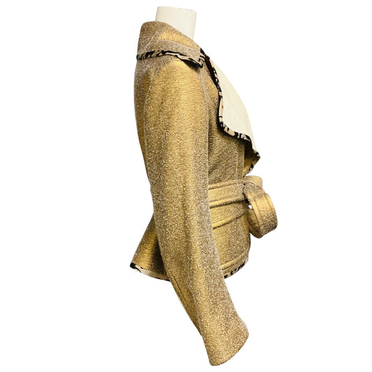 Dries Van Noten Gold Metallic Textured Jacquard Jacket with Ecru Wool Interior