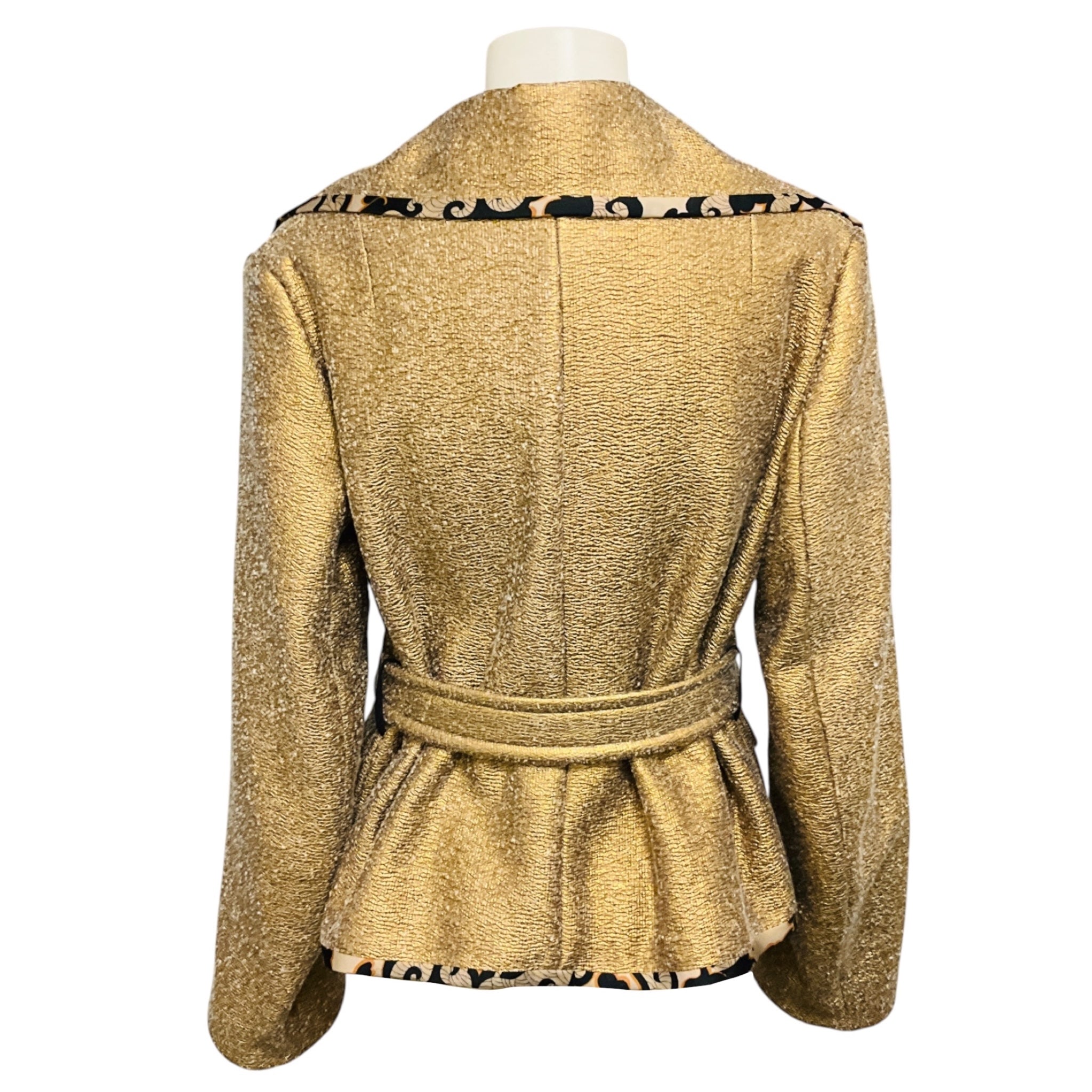 Dries Van Noten Gold Metallic Textured Jacquard Jacket with Ecru Wool Interior