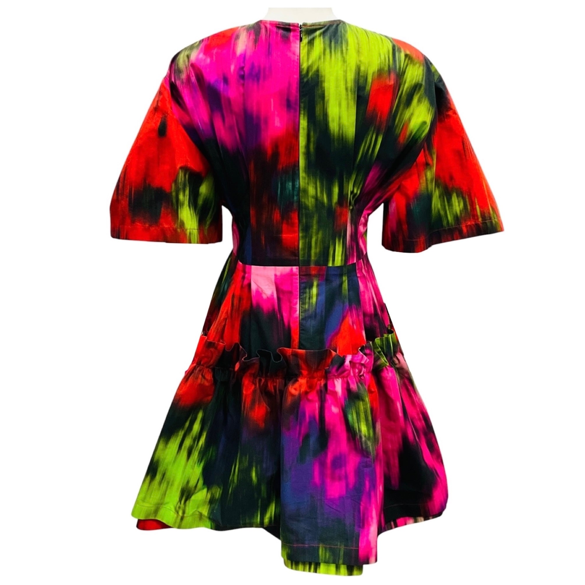 Carolina Herrera Red / Green Multi Short Sleeved Flared Cotton Mini Dress