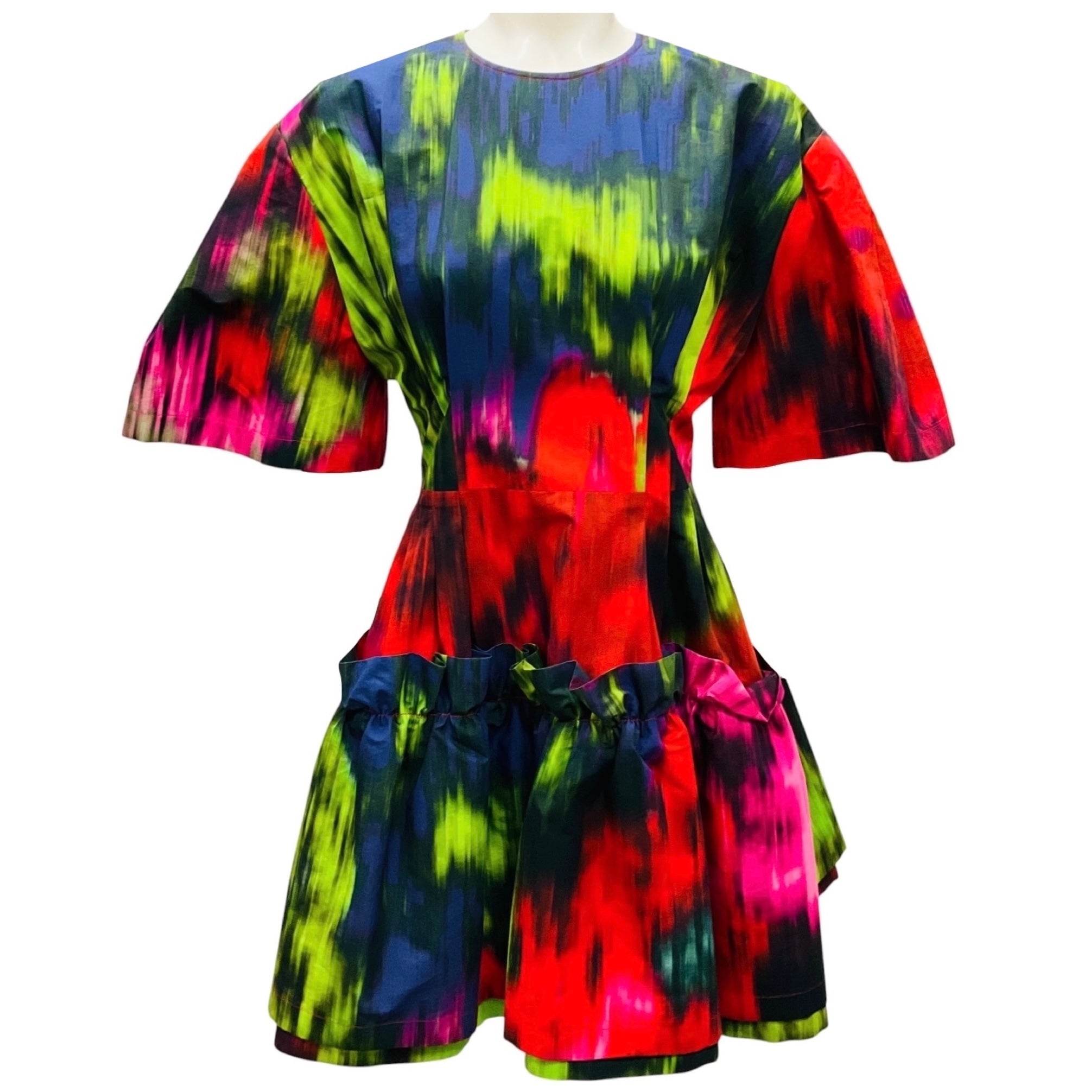 Carolina Herrera Red / Green Multi Short Sleeved Flared Cotton Mini Dress