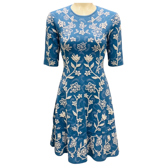 Lela Rose Blue / White Floral Stretch Knit Flared Dress