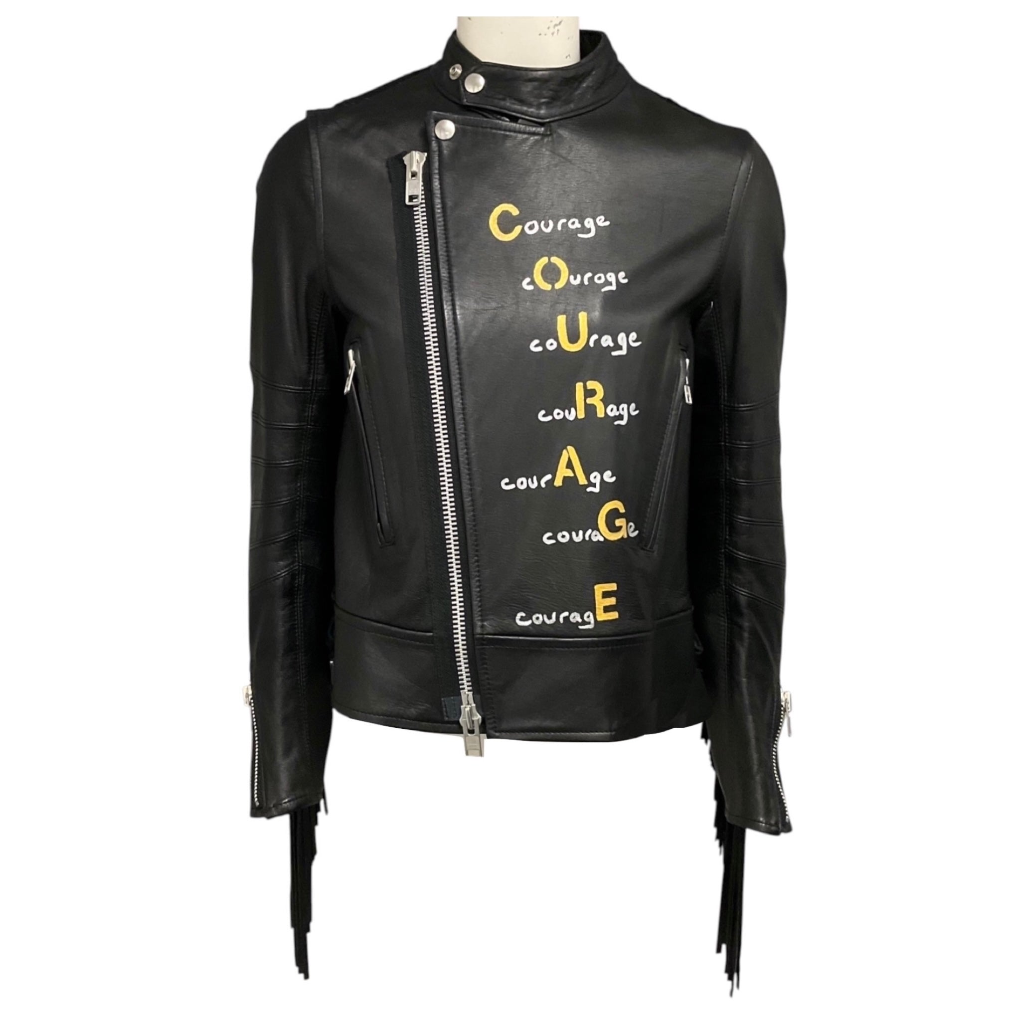 Sacai Black Luck Hand Painted Leather Jacket with Fringe