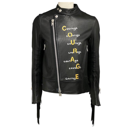 Sacai Black Luck Hand Painted Leather Jacket with Fringe