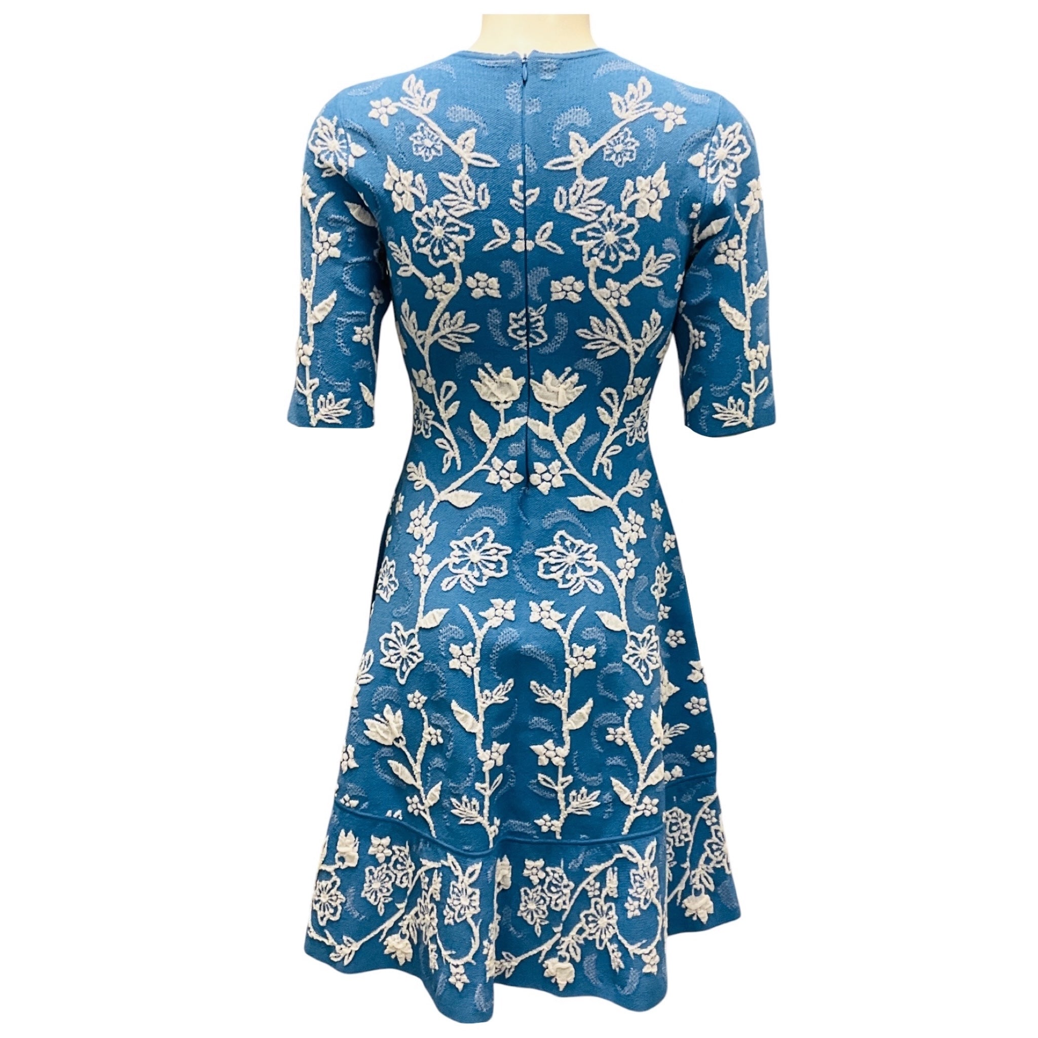 Lela Rose Blue / White Floral Stretch Knit Flared Dress