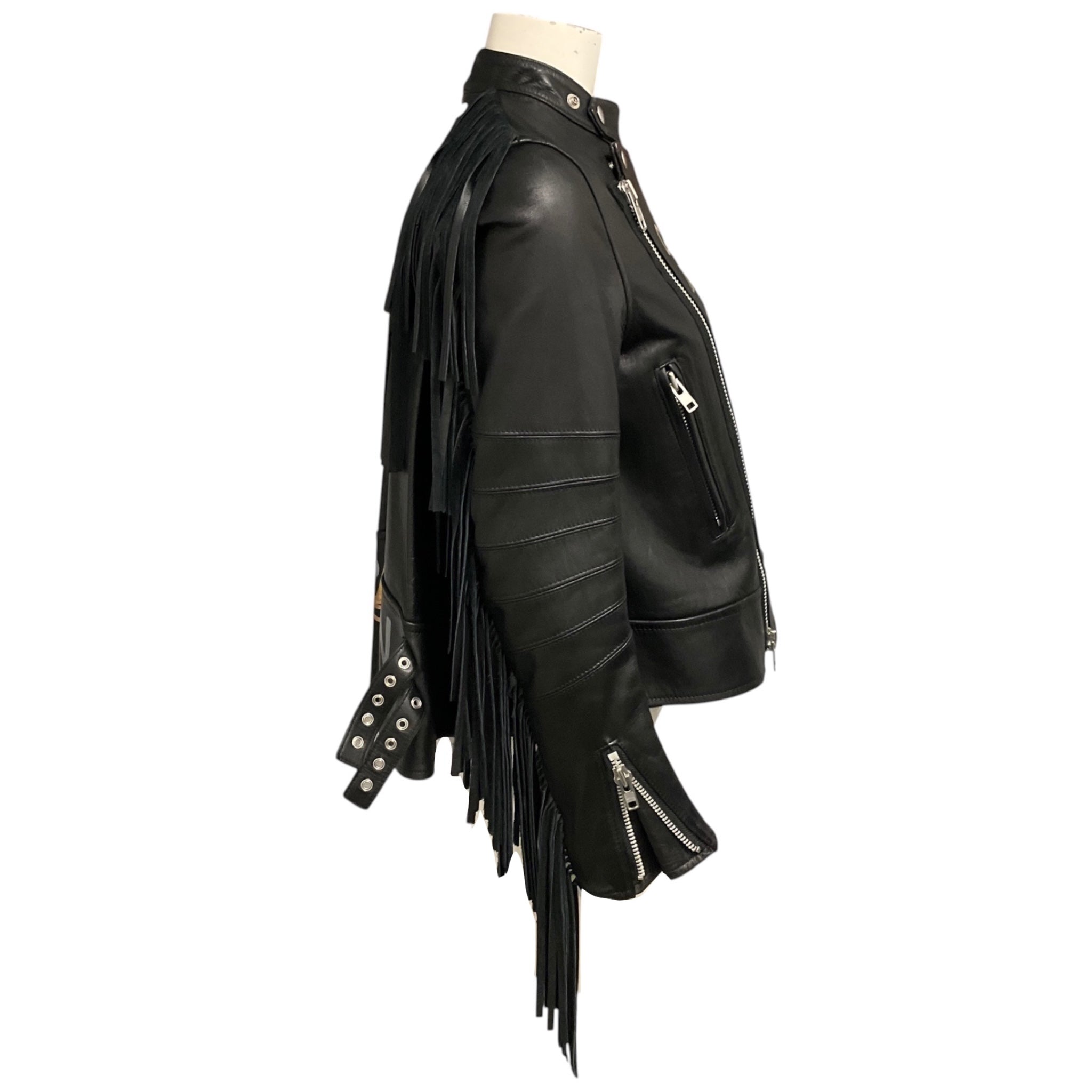 Sacai Black Luck Hand Painted Leather Jacket with Fringe