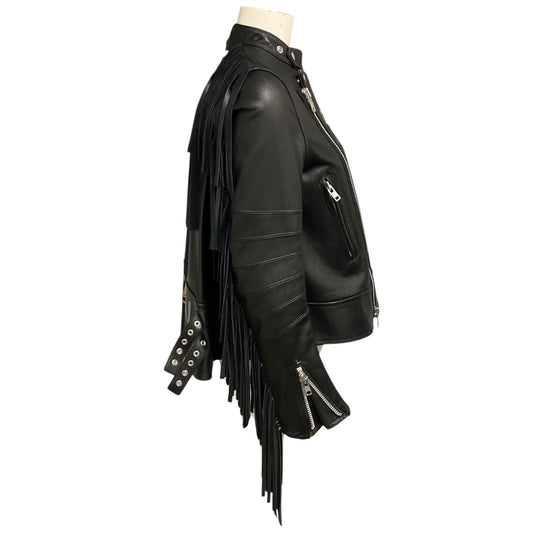 Sacai Black Luck Hand Painted Leather Jacket with Fringe