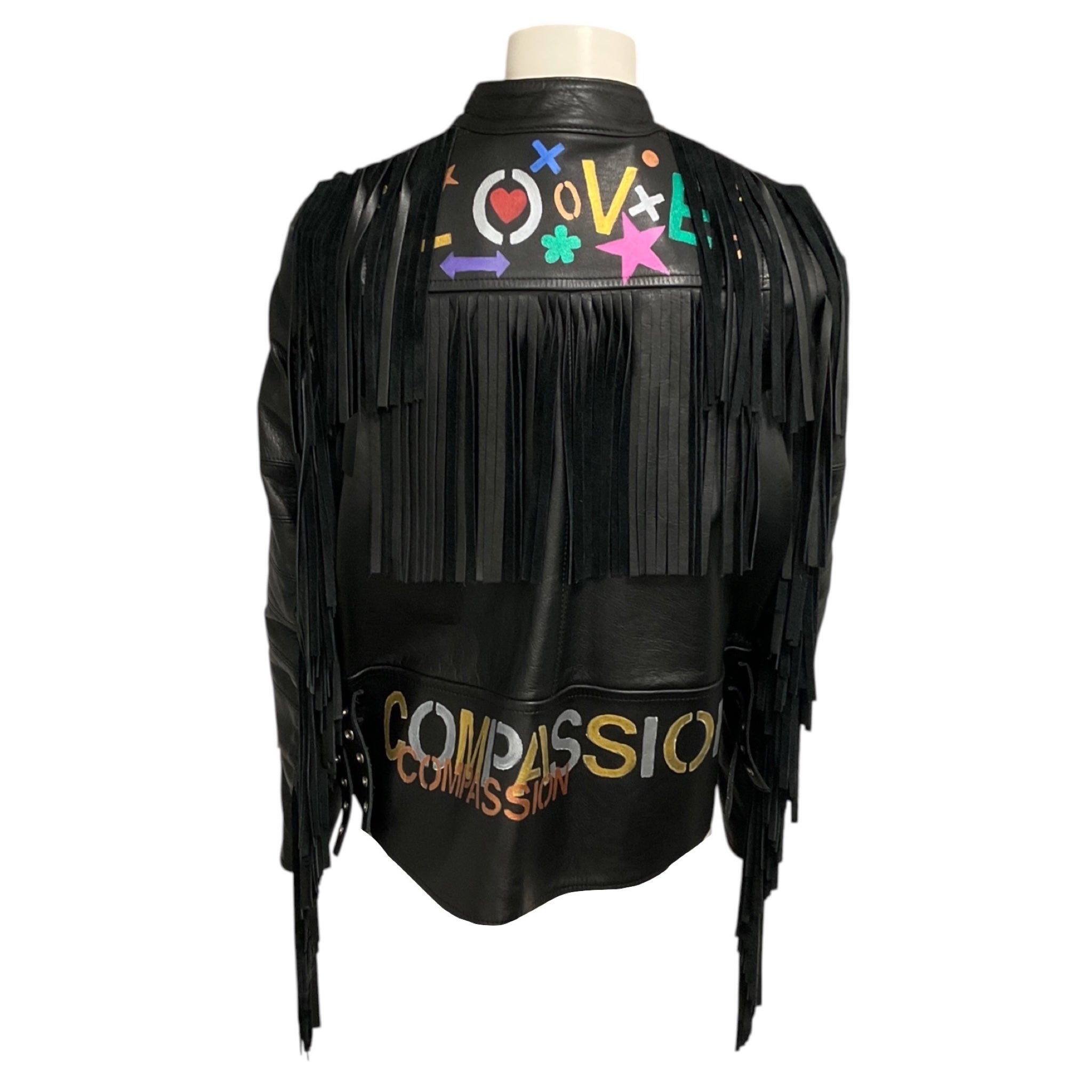 Sacai Black Luck Hand Painted Leather Jacket with Fringe