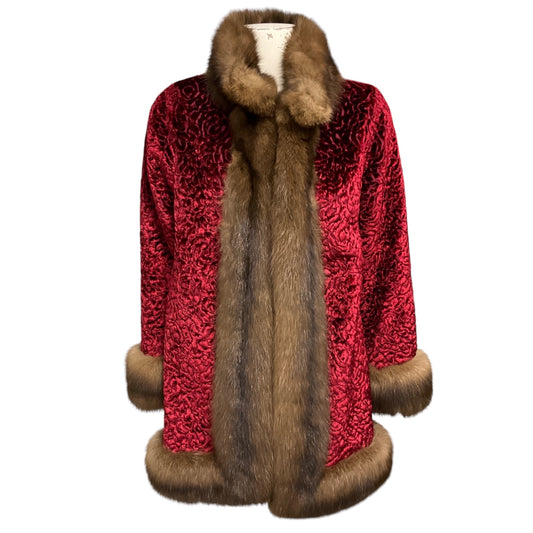 Oscar de la Renta Bordeaux Red Persian Lamb Fur Jacquard Coat with Sable Fur Trim