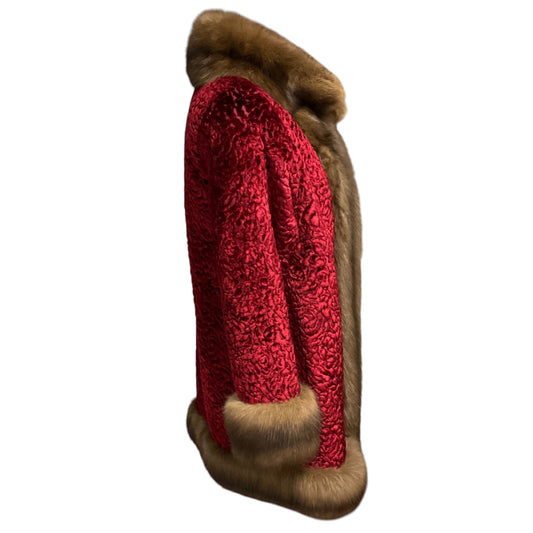 Oscar de la Renta Bordeaux Red Persian Lamb Fur Jacquard Coat with Sable Fur Trim