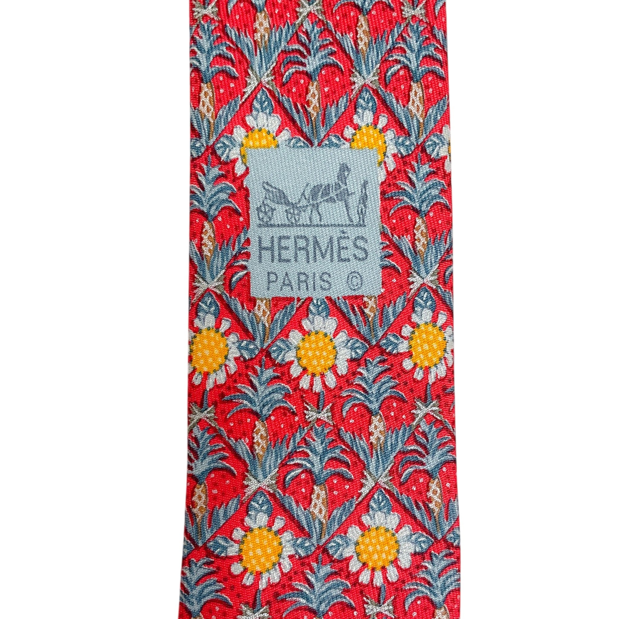 Hermes Red/ Blue Silk Palm Tree Print Men's Tie