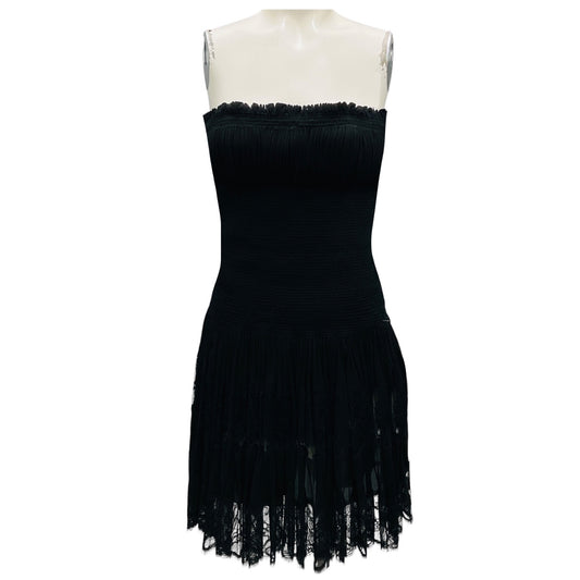 Alaia Vintage Black Strapless Lace Trimmed Mini Dress