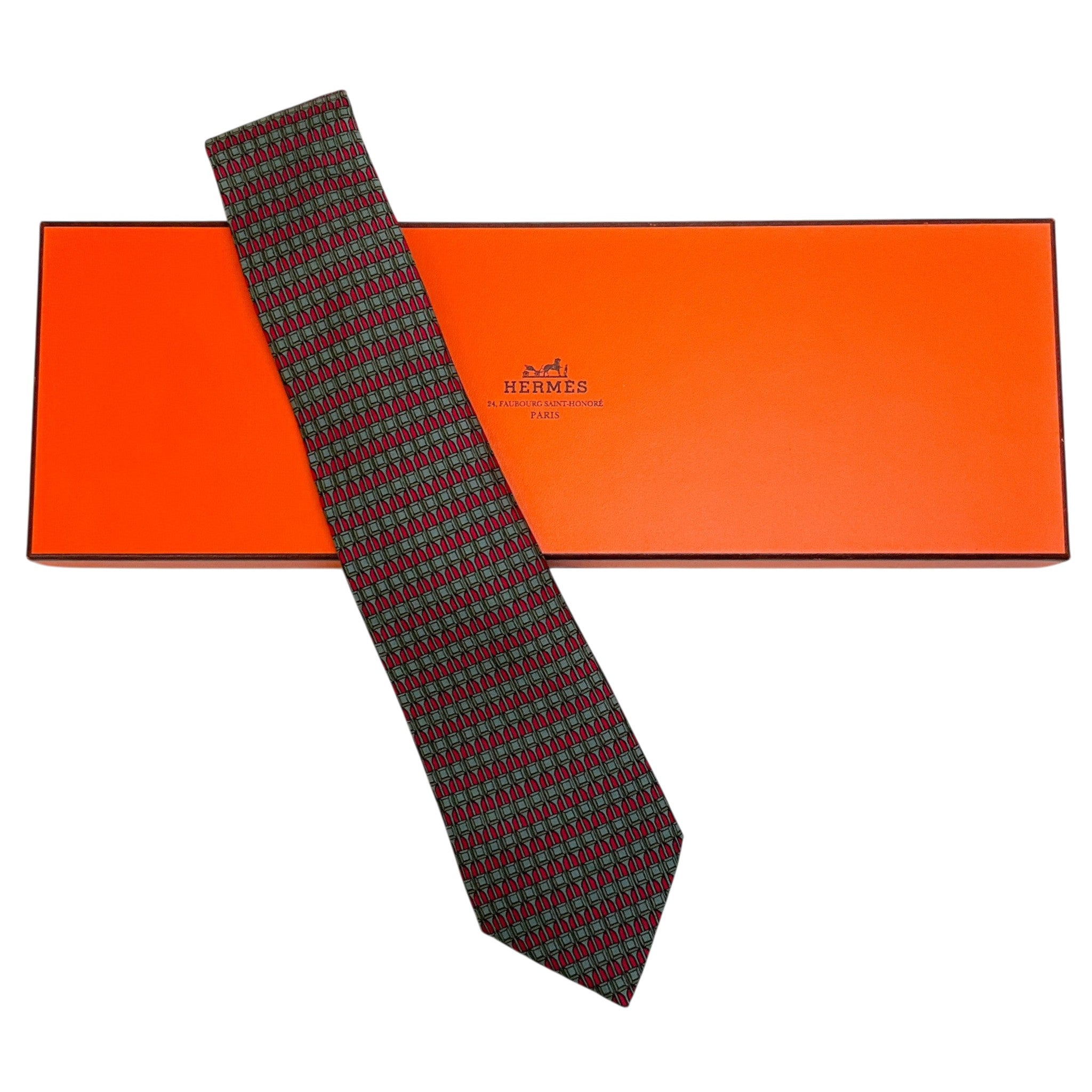 Hermes Red / Green Silk Geometric Print Men's Tie
