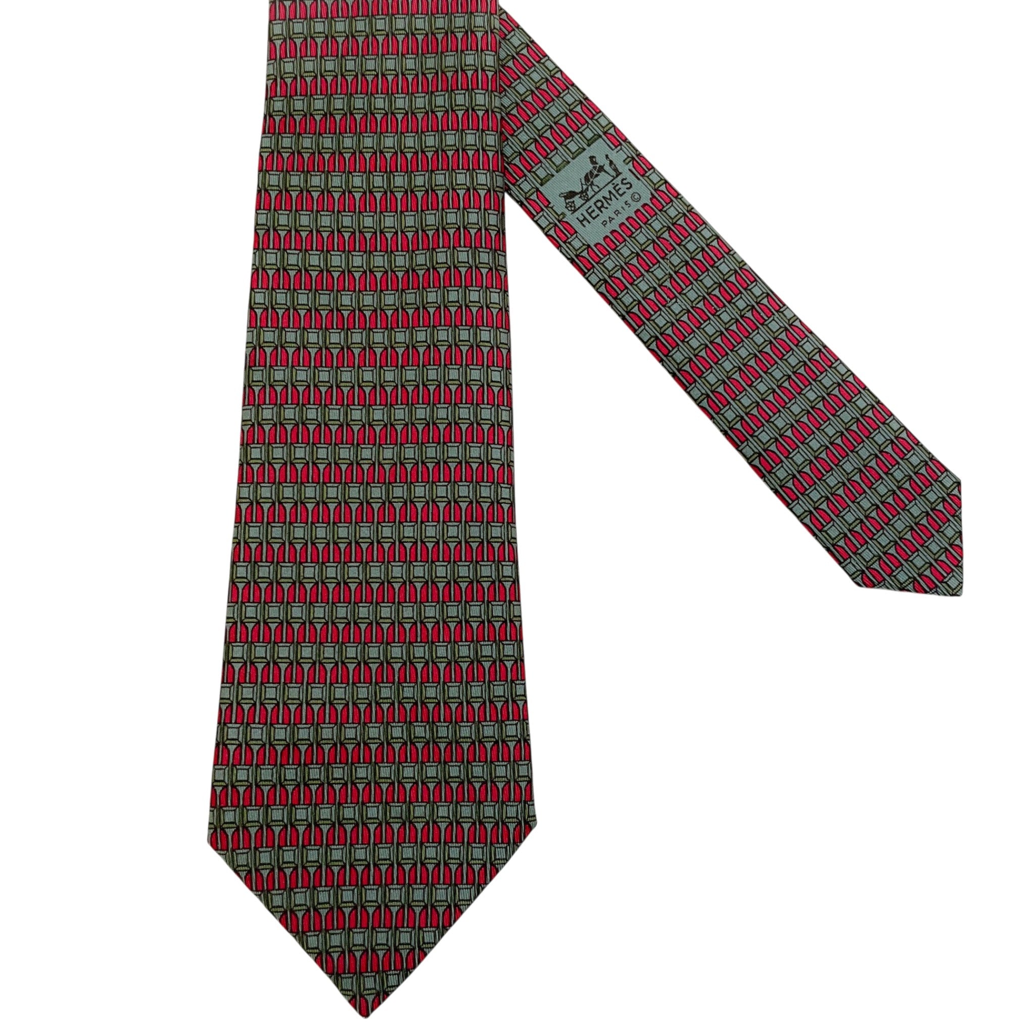 Hermes Red / Green Silk Geometric Print Men's Tie