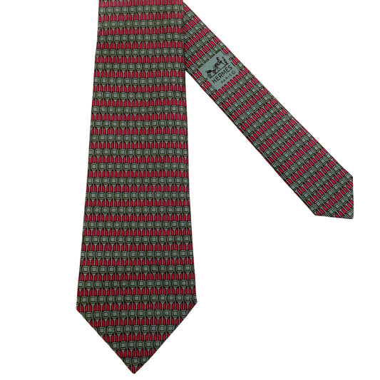 Hermes Red / Green Silk Geometric Print Men's Tie
