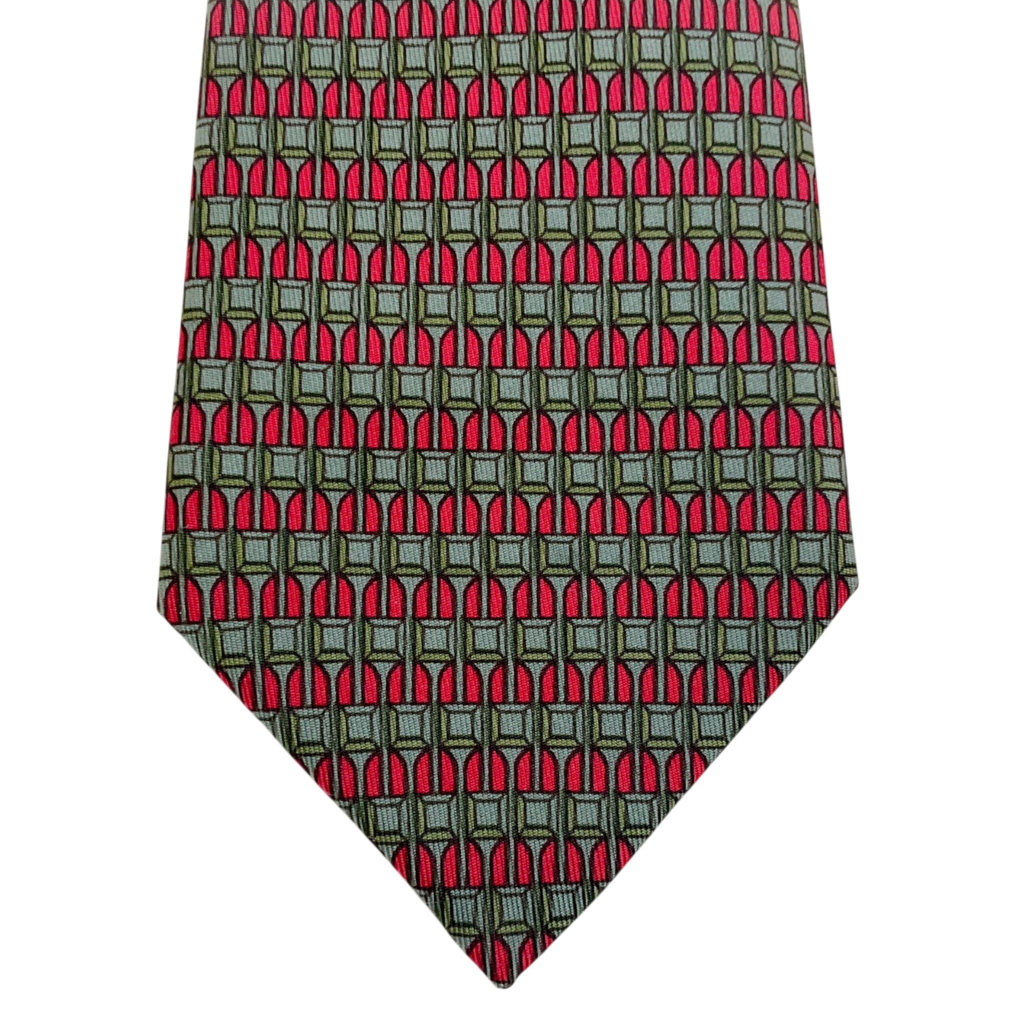 Hermes Red / Green Silk Geometric Print Men's Tie