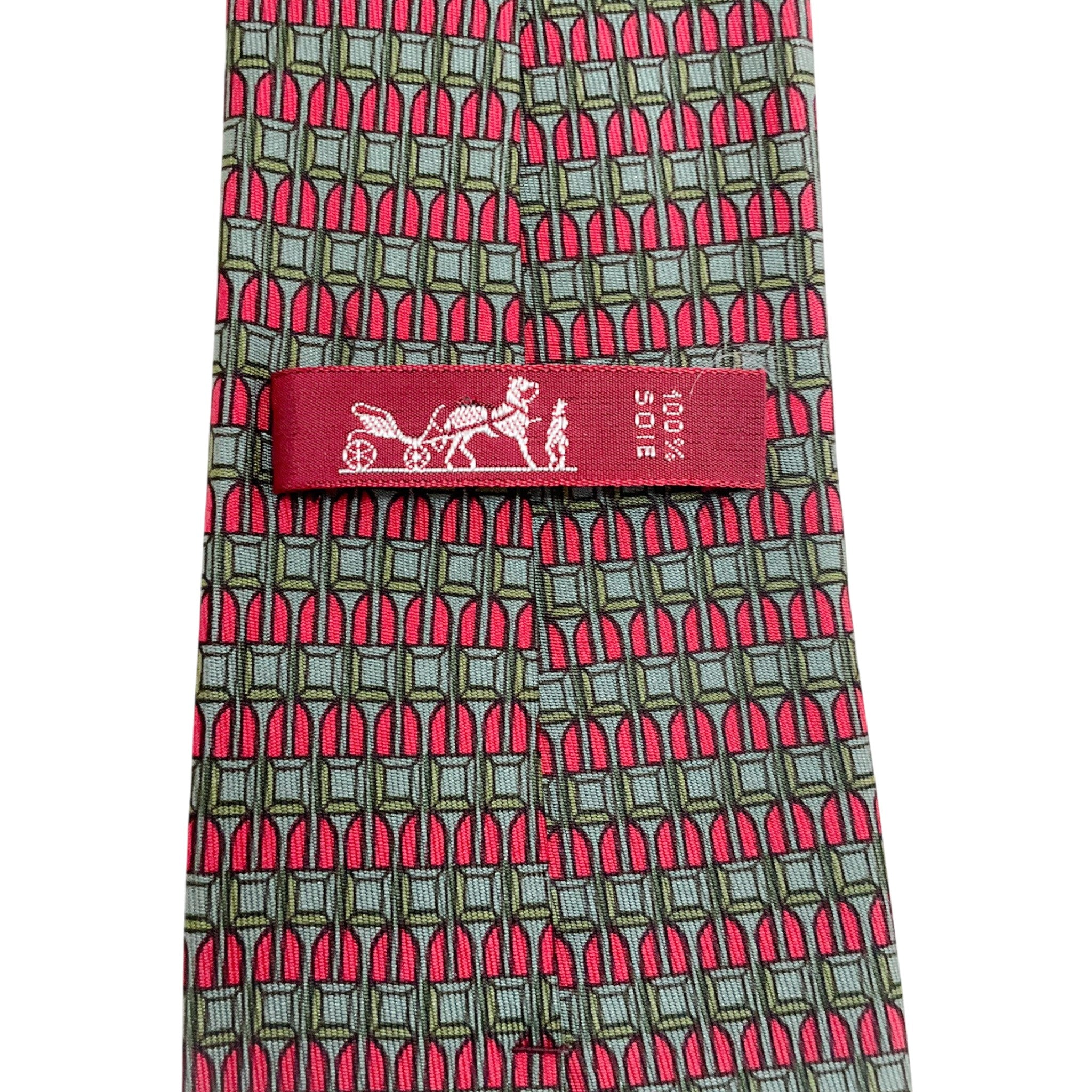 Hermes Red / Green Silk Geometric Print Men's Tie