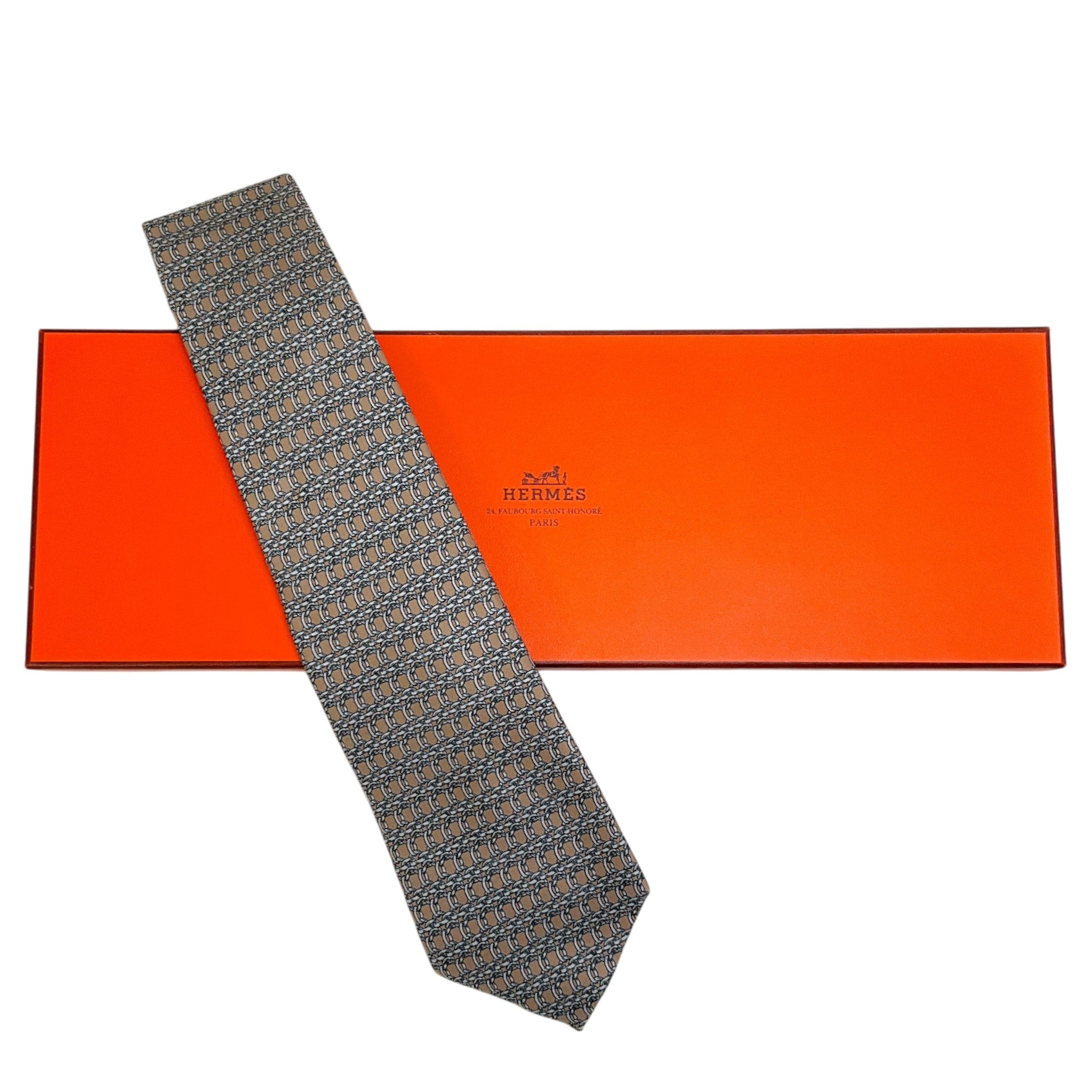 Hermes Taupe Silk Chain Print Men's Tie
