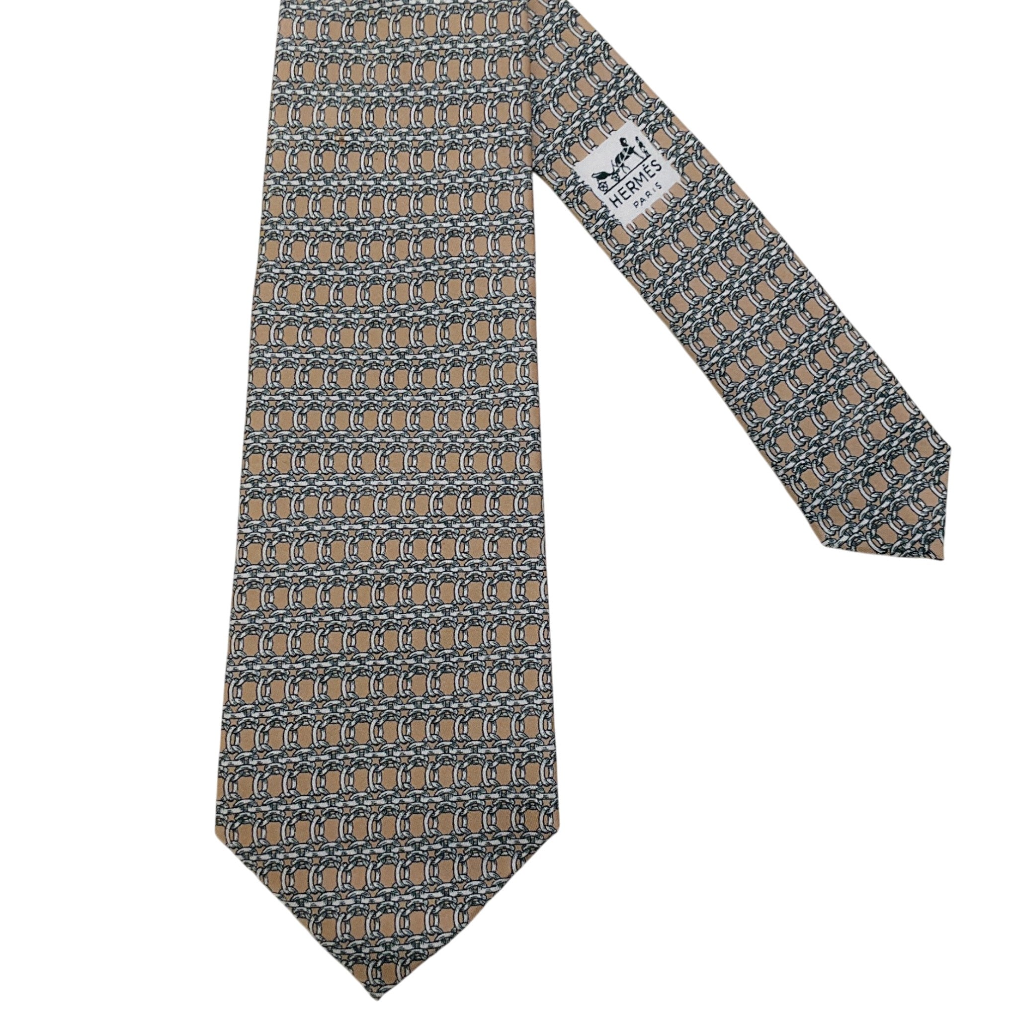 Hermes Taupe Silk Chain Print Men's Tie