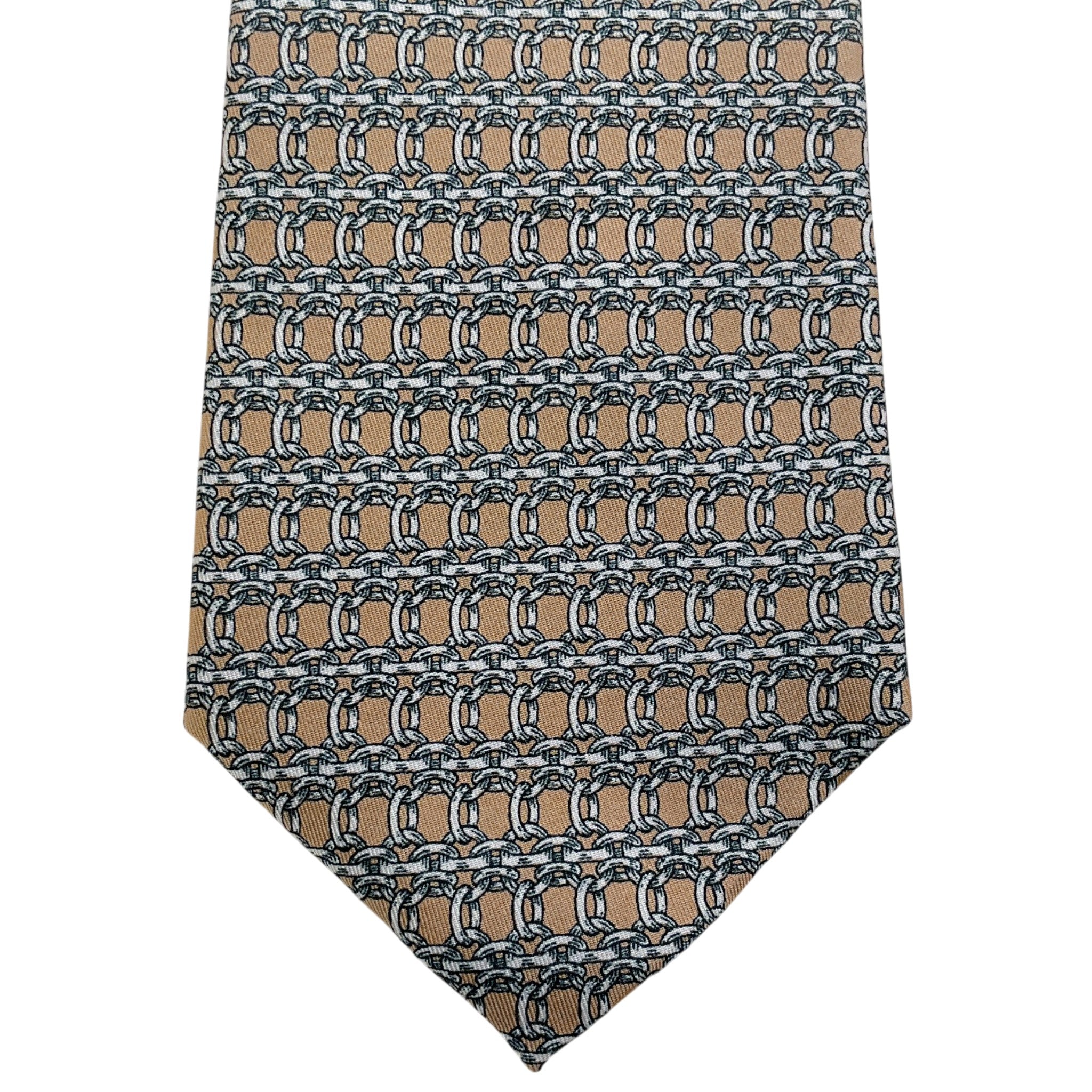 Hermes Taupe Silk Chain Print Men's Tie
