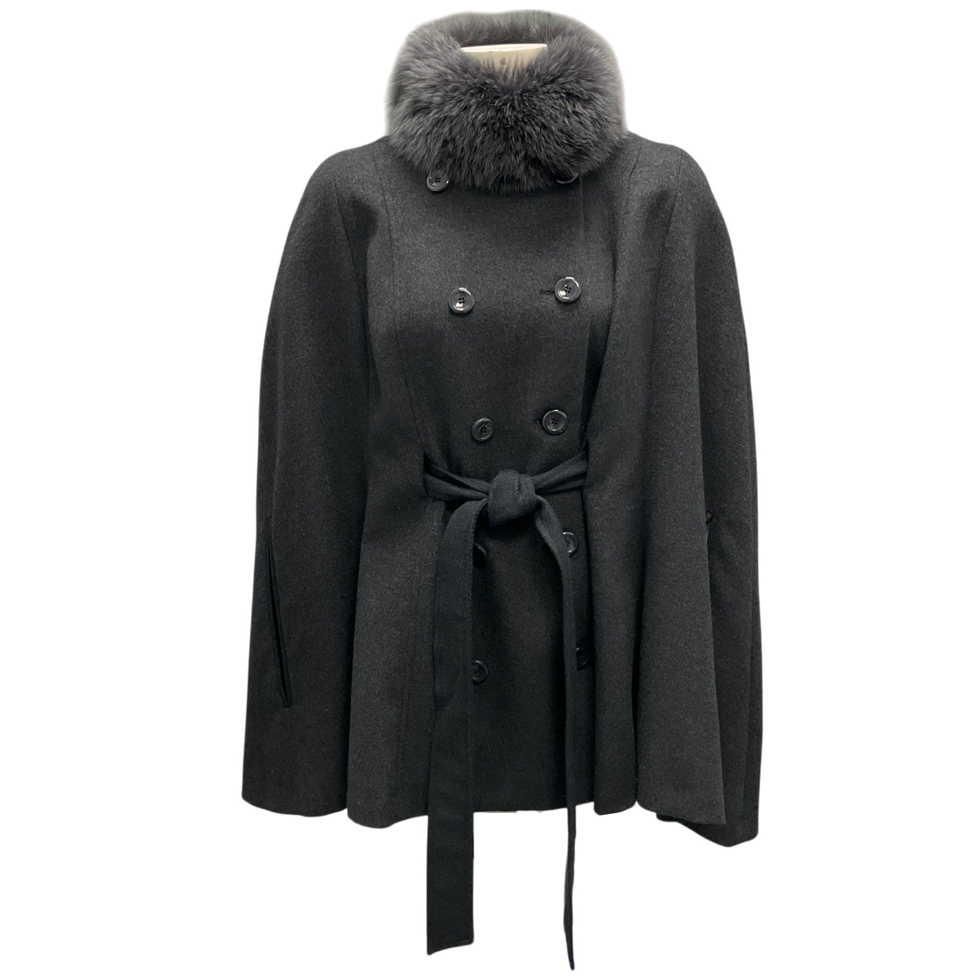 Manrico Cashmere Charcoal Grey Fox Fur Collar Cashmere Cape