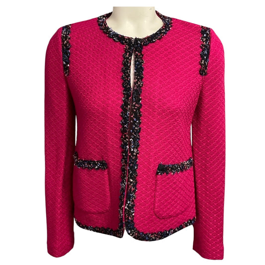 St. John Fuchsia Pink Knit Jacket with Tweed Trim