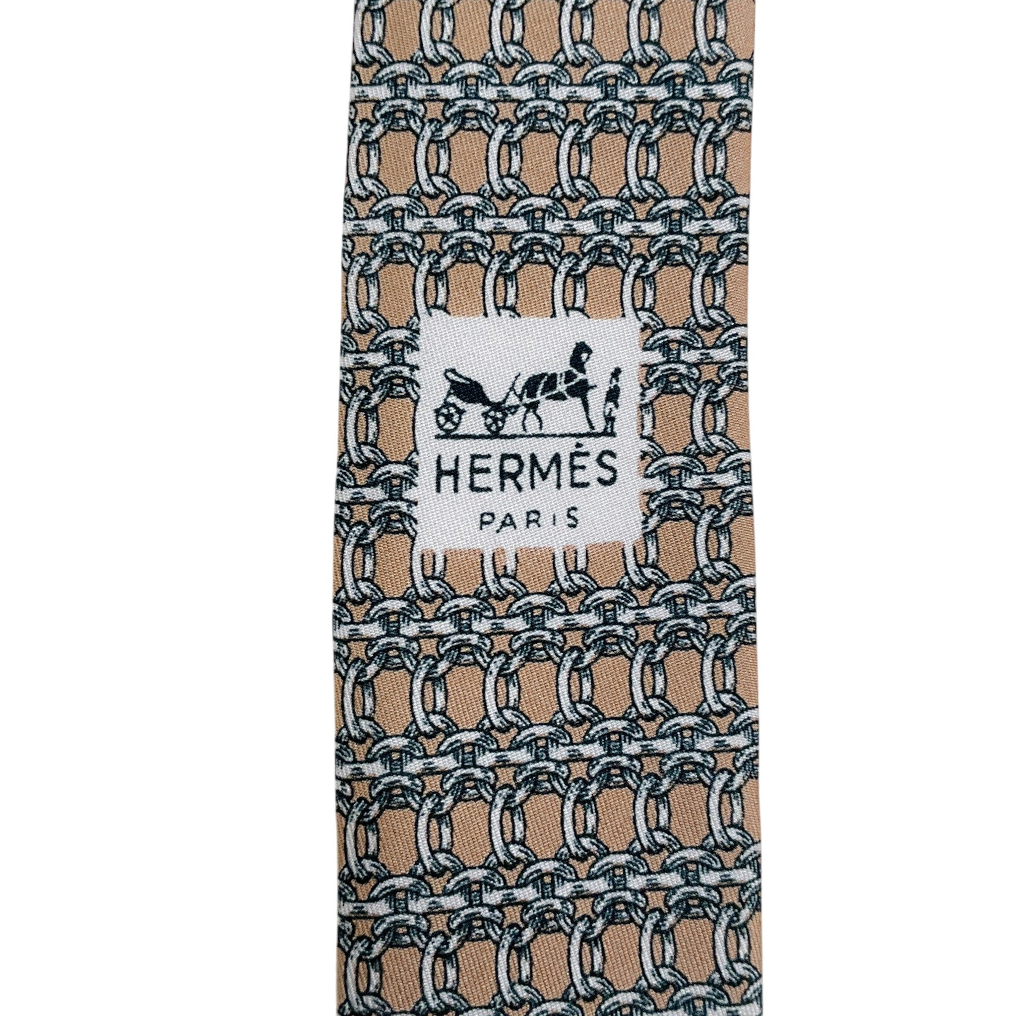 Hermes Taupe Silk Chain Print Men's Tie