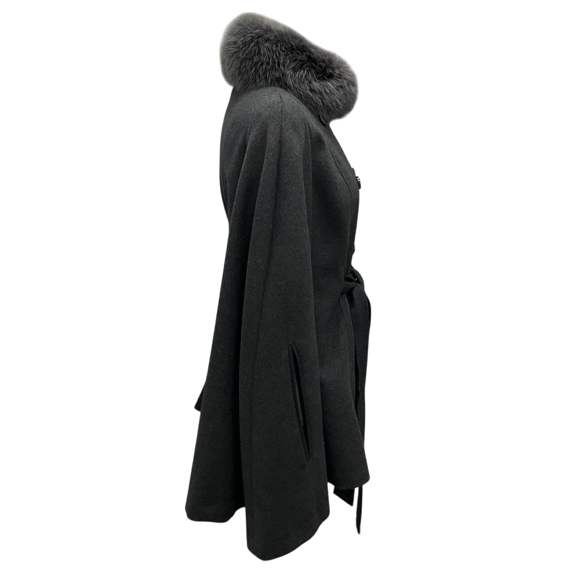 Manrico Cashmere Charcoal Grey Fox Fur Collar Cashmere Cape