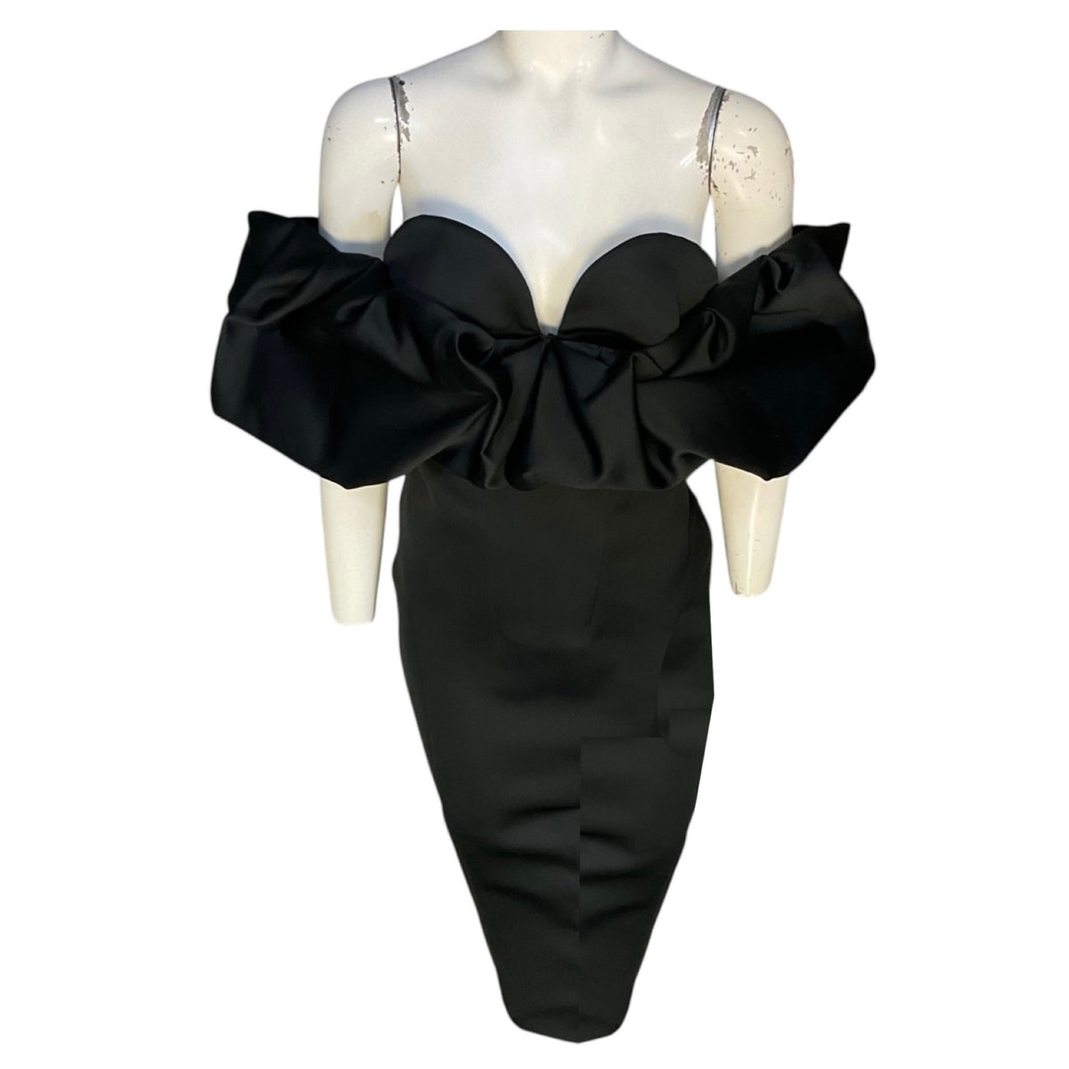 Elisabetta Franchi Black Off-Shoulder Duchess Satin Midi Dress