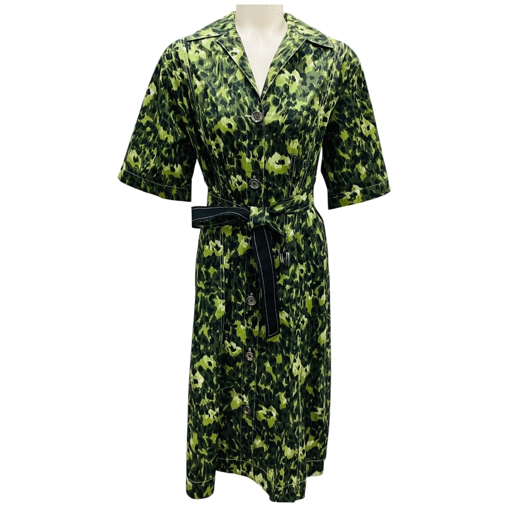 Marni Green Leopard Print Cotton Poplin Midi Dress