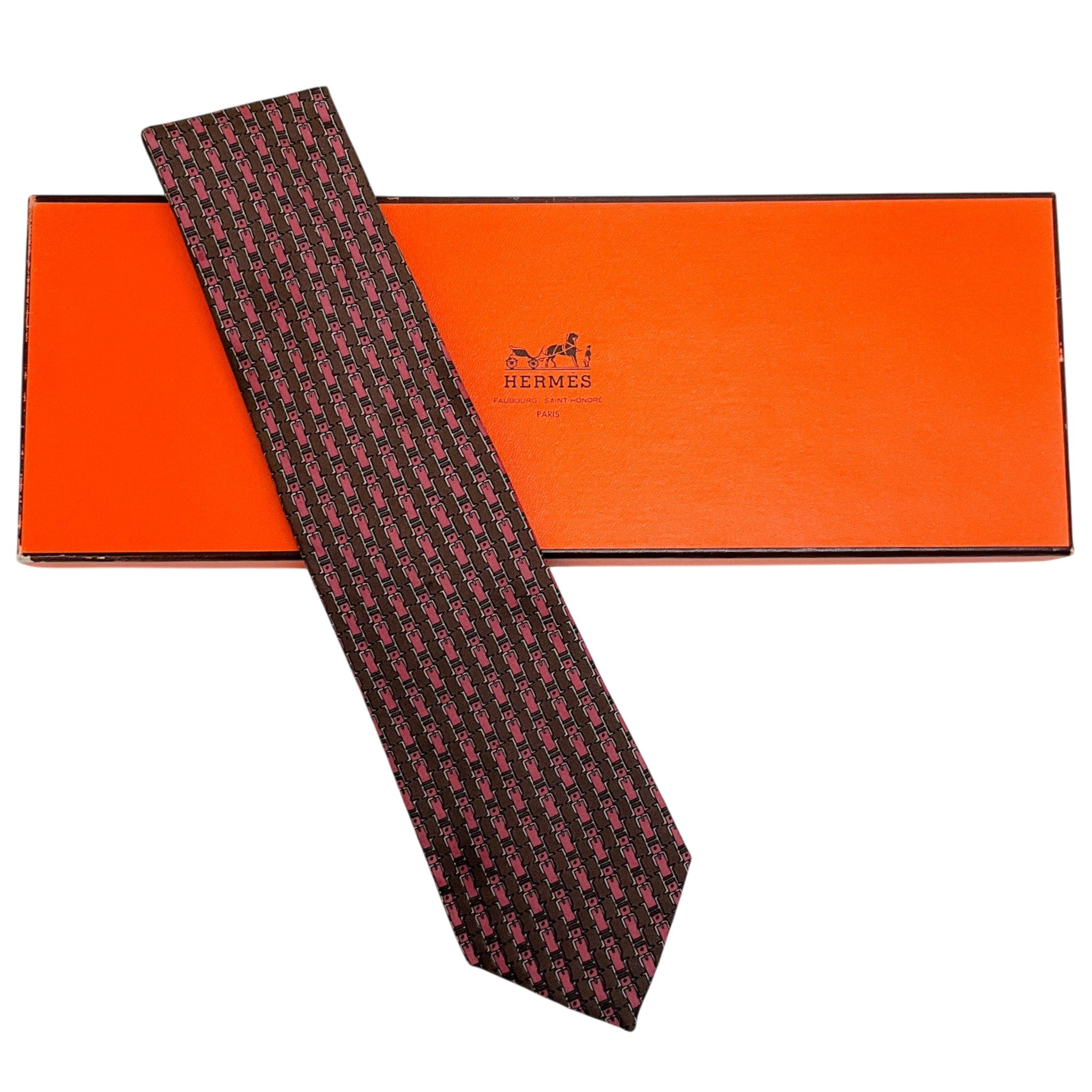 Hermes Brown / Pink Silk Buckle Print Men's Tie