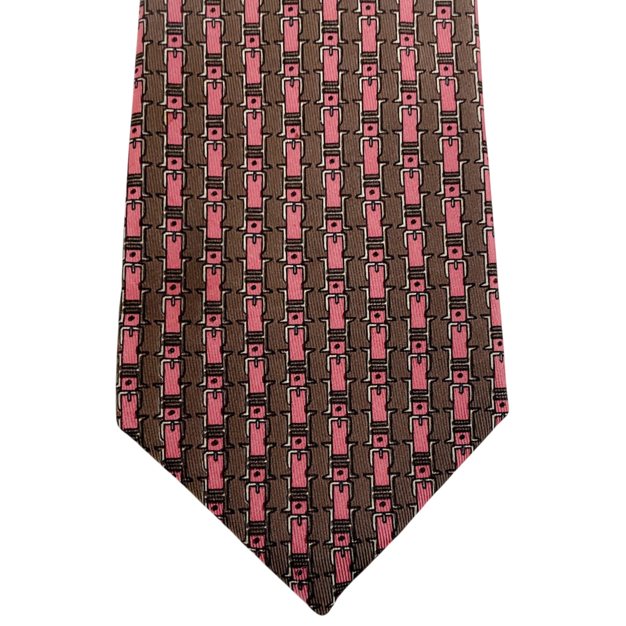 Hermes Brown / Pink Silk Buckle Print Men's Tie