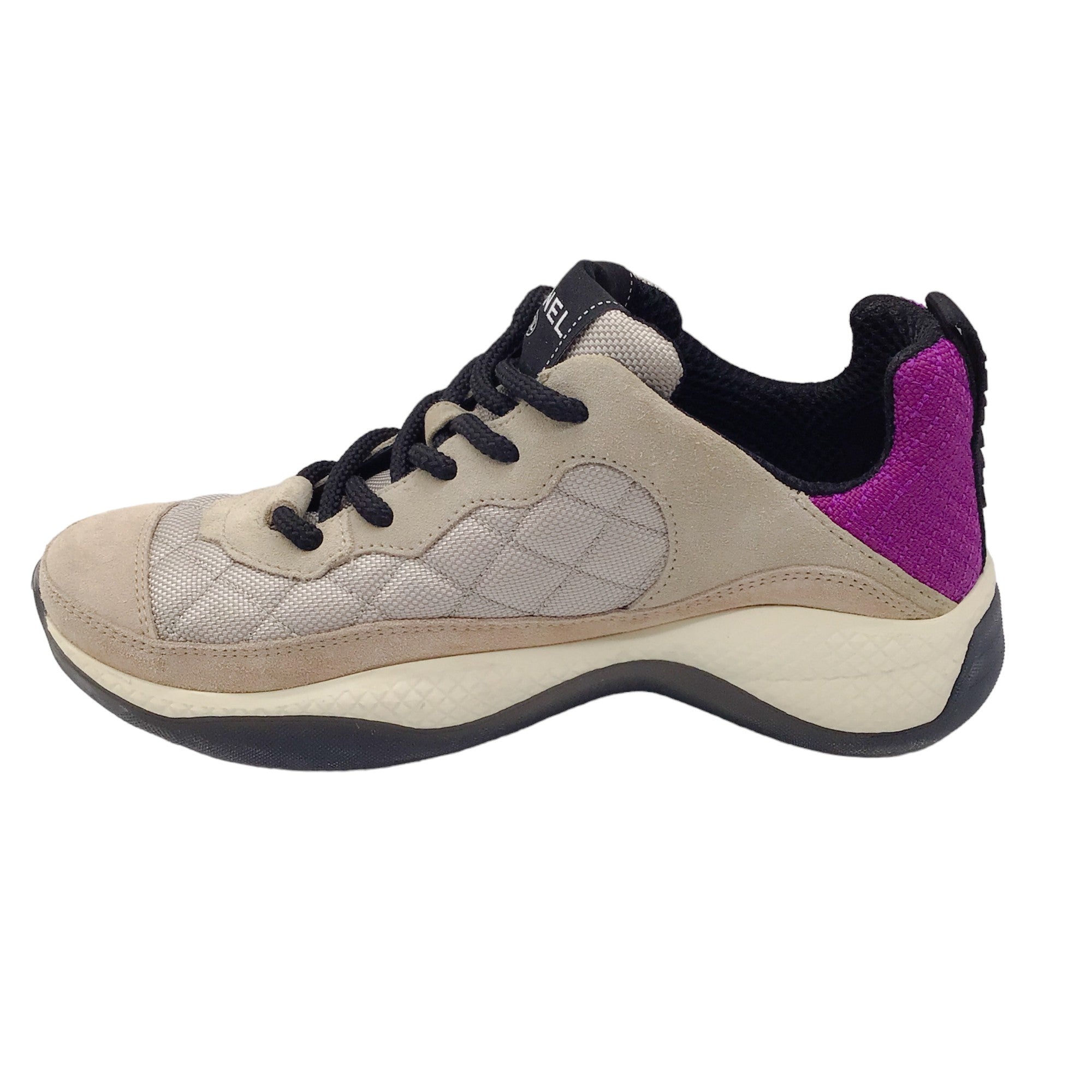 Chanel Taupe / Purple / Black CC Logo Suede Leather Trimmed Quilted Low-Top Sneakers