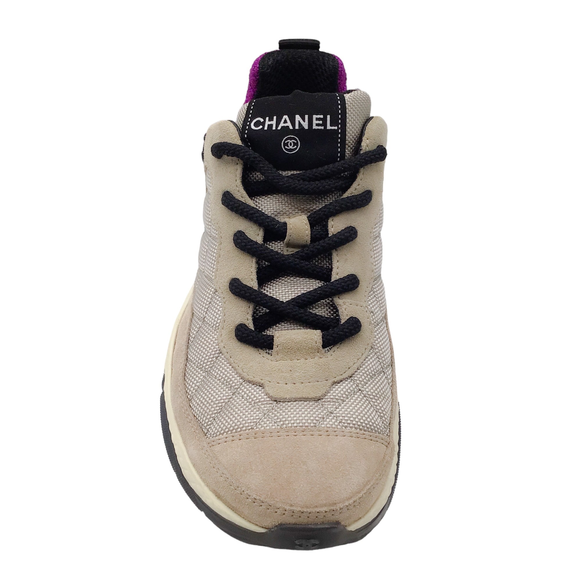 Chanel Taupe / Purple / Black CC Logo Suede Leather Trimmed Quilted Low-Top Sneakers
