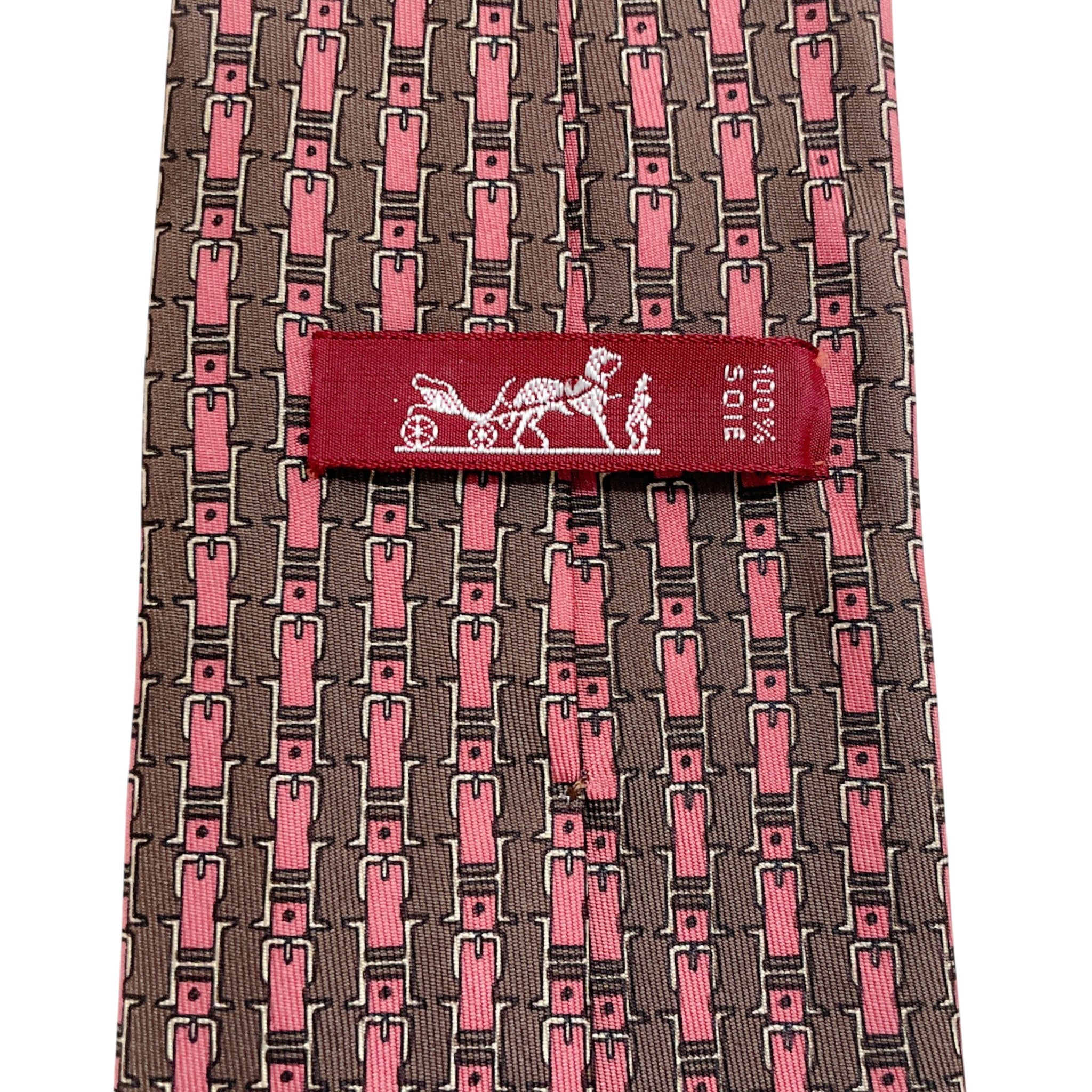Hermes Brown / Pink Silk Buckle Print Men's Tie