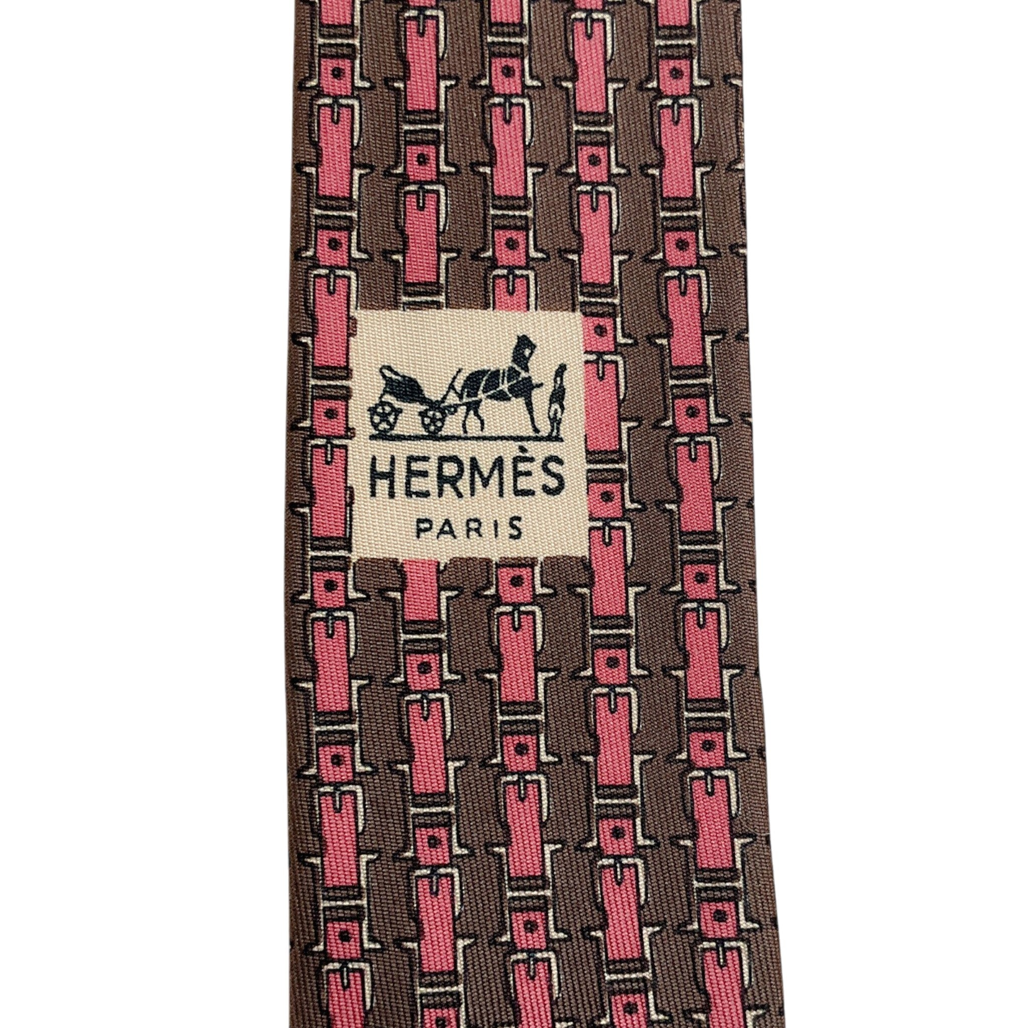 Hermes Brown / Pink Silk Buckle Print Men's Tie