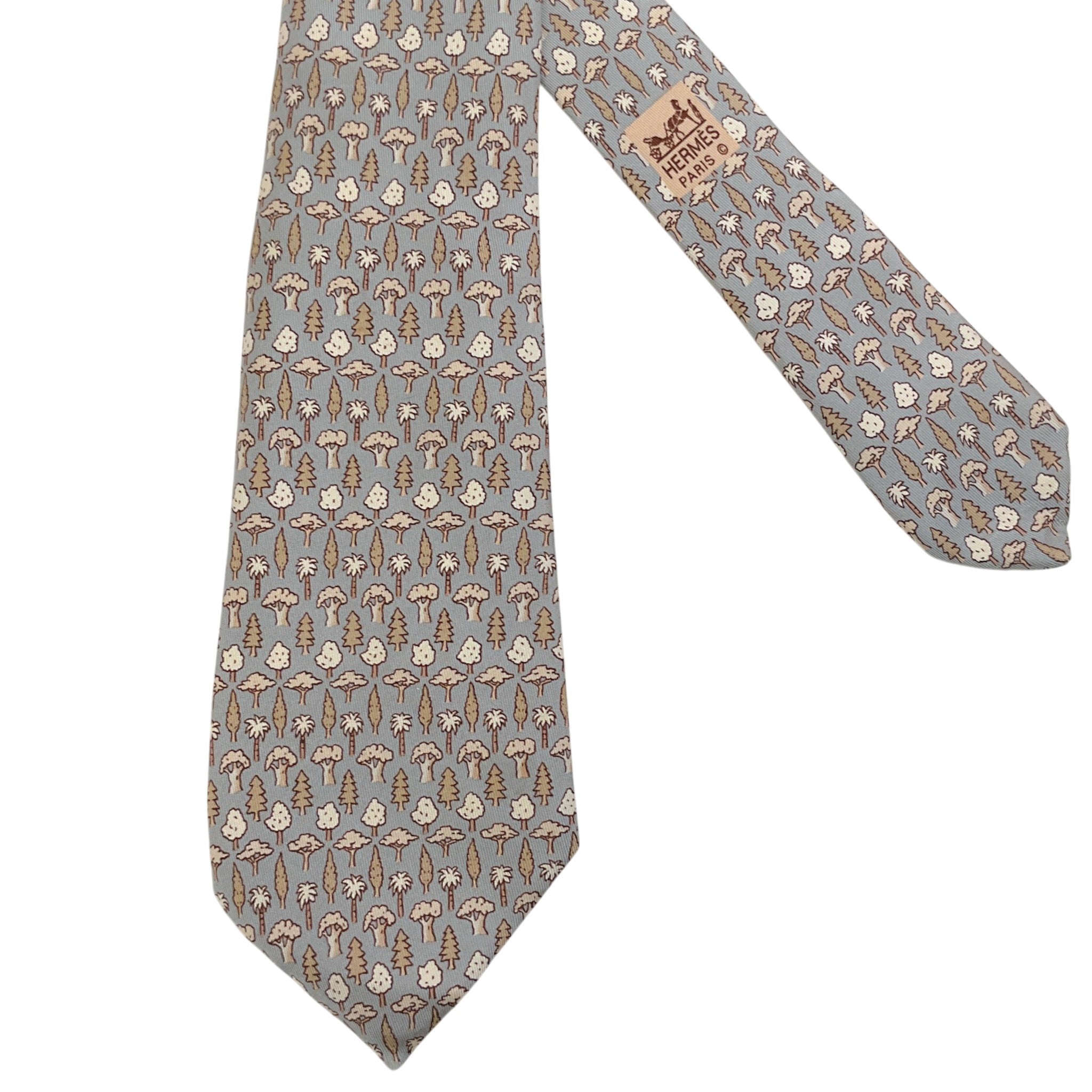 Hermes Taupe / Tan Silk Tree Print Men's Tie