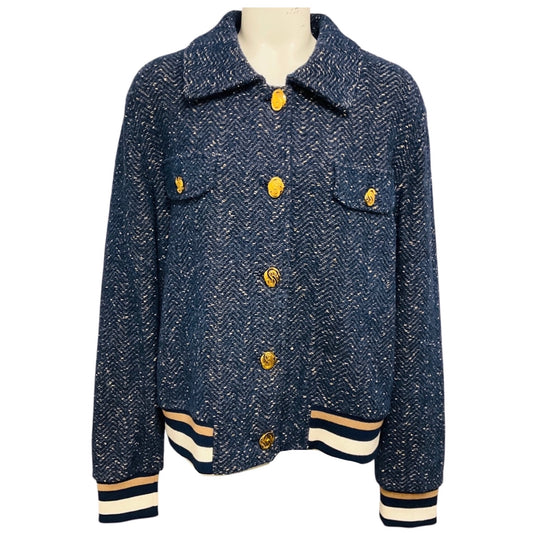St. John Blue Tweed Bomber Jacket with Gold Buttons