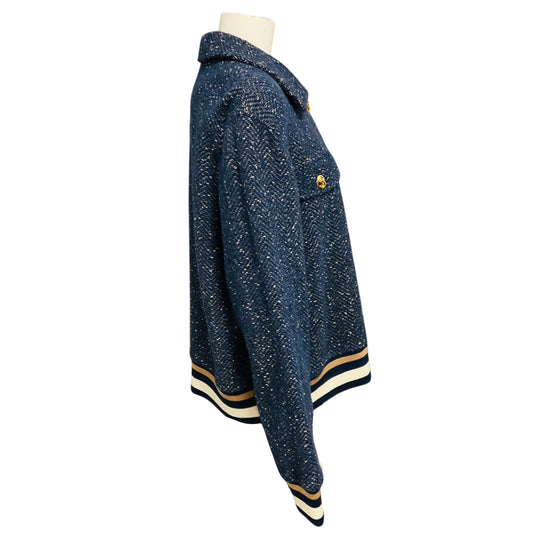 St. John Blue Tweed Bomber Jacket with Gold Buttons