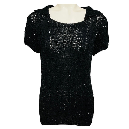 Oscar de la Renta Black Micro Sequined Short Sleeved Knit Sweater