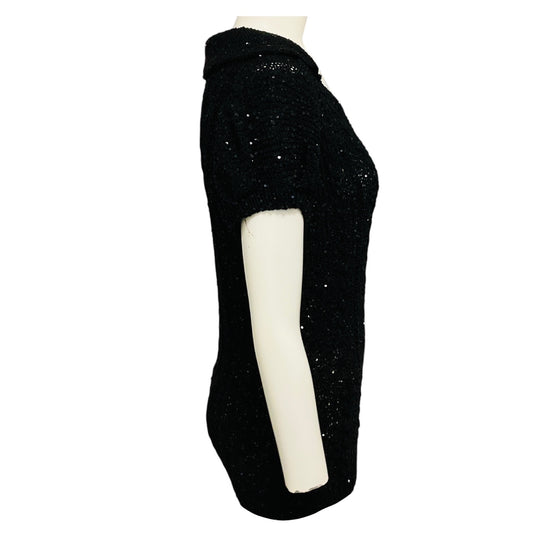 Oscar de la Renta Black Micro Sequined Short Sleeved Knit Sweater