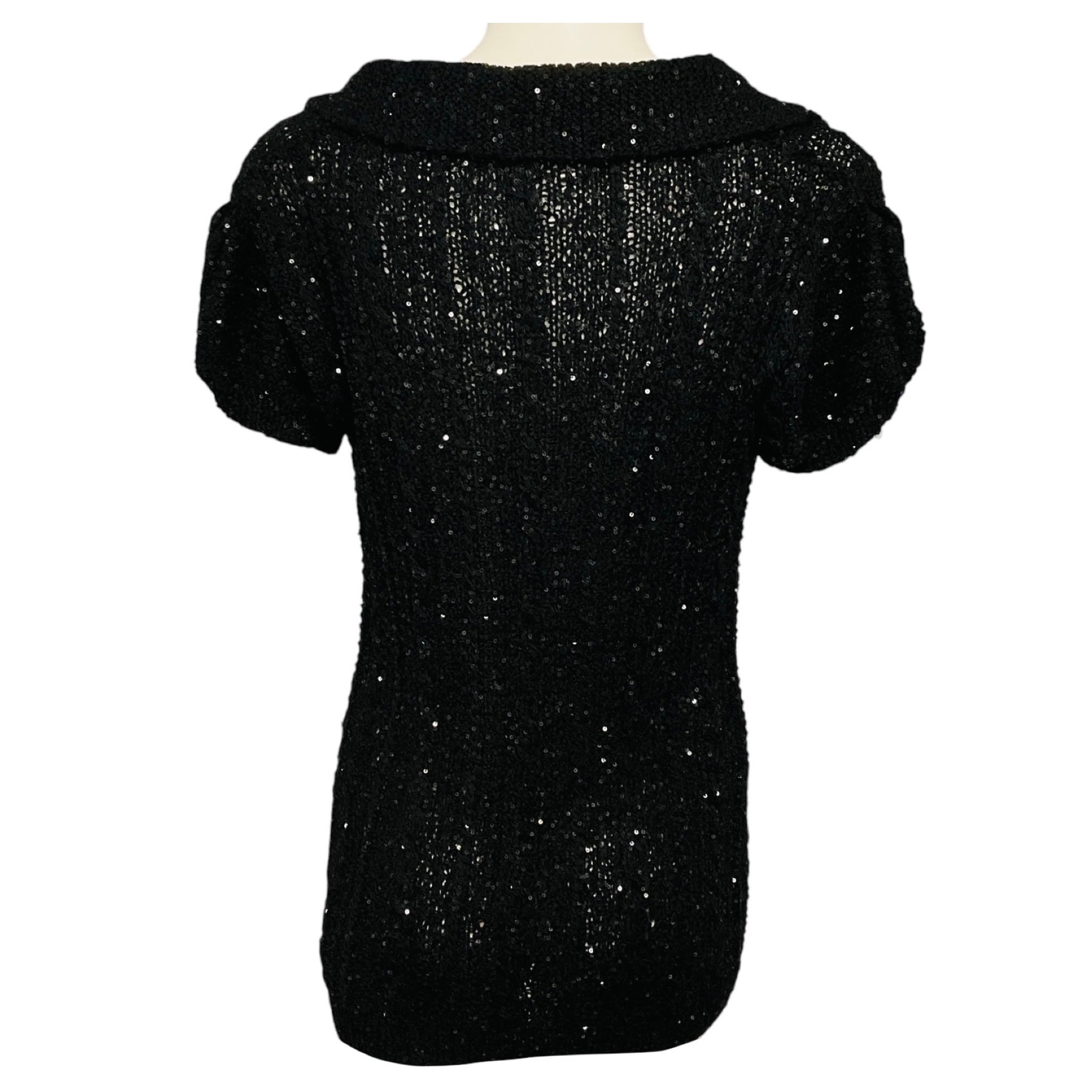 Oscar de la Renta Black Micro Sequined Short Sleeved Knit Sweater