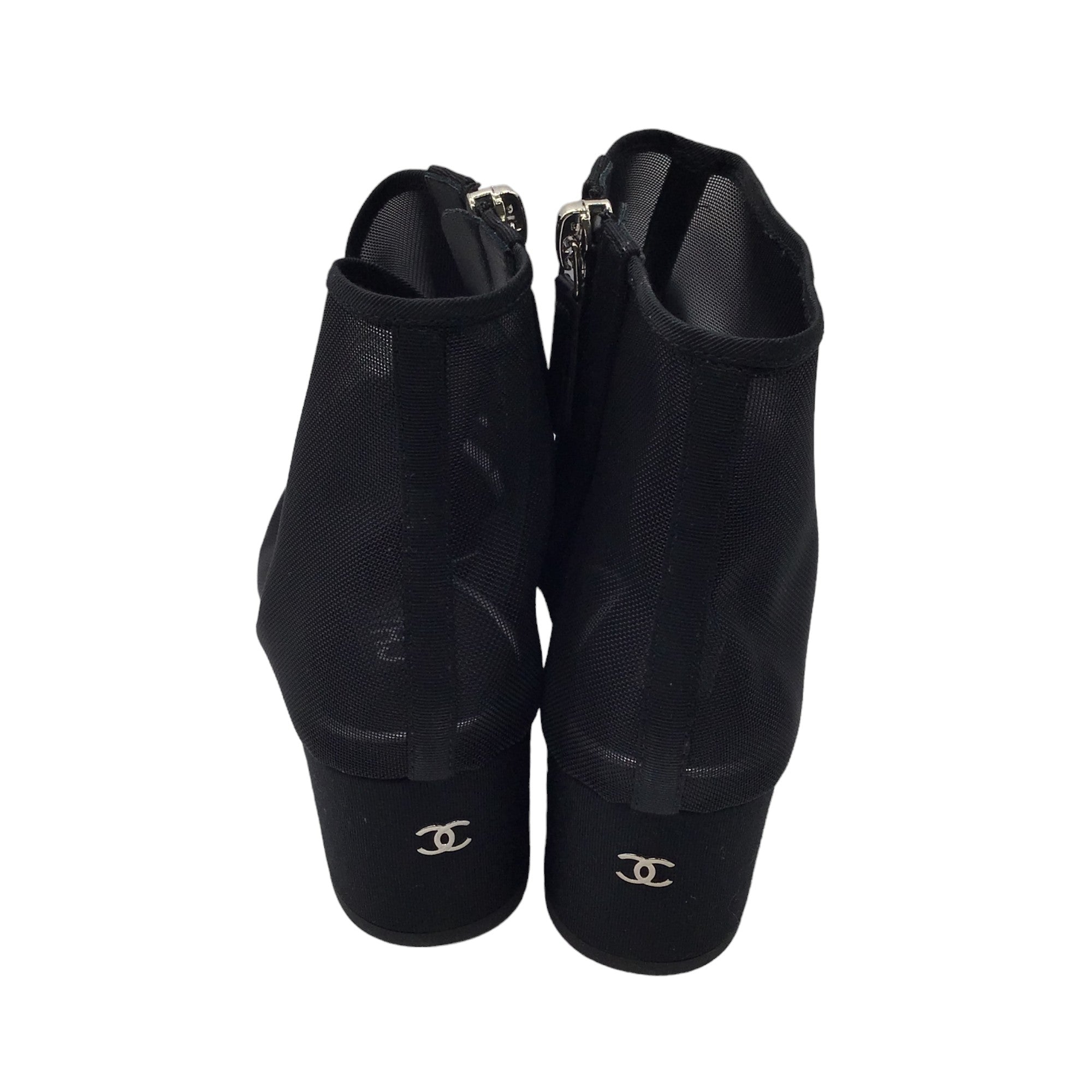 Chanel Black Mesh and Grosgrain Camellia Short Boots