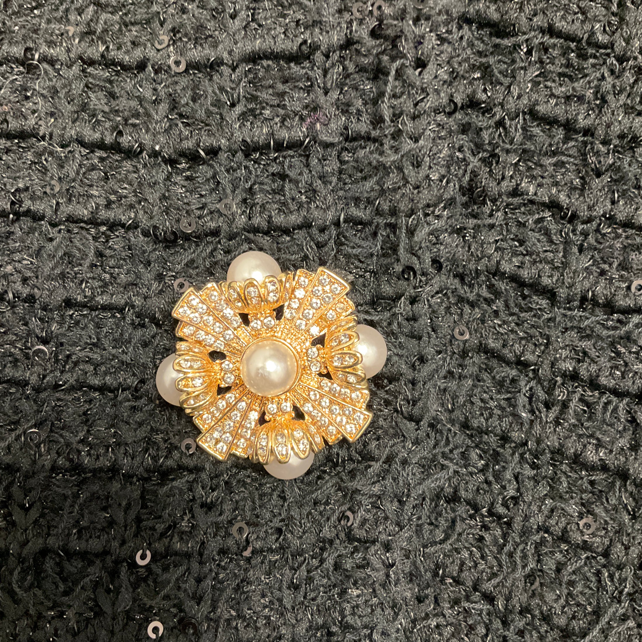 Self-Portrait Black Sequined Knit Crop Jacket with Pearl Embellished Buttons