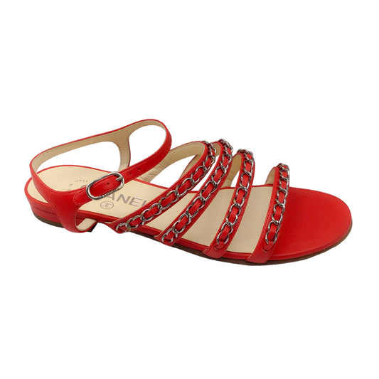 Chanel Red / Silver Chain Detail Lambskin Leather Sandals