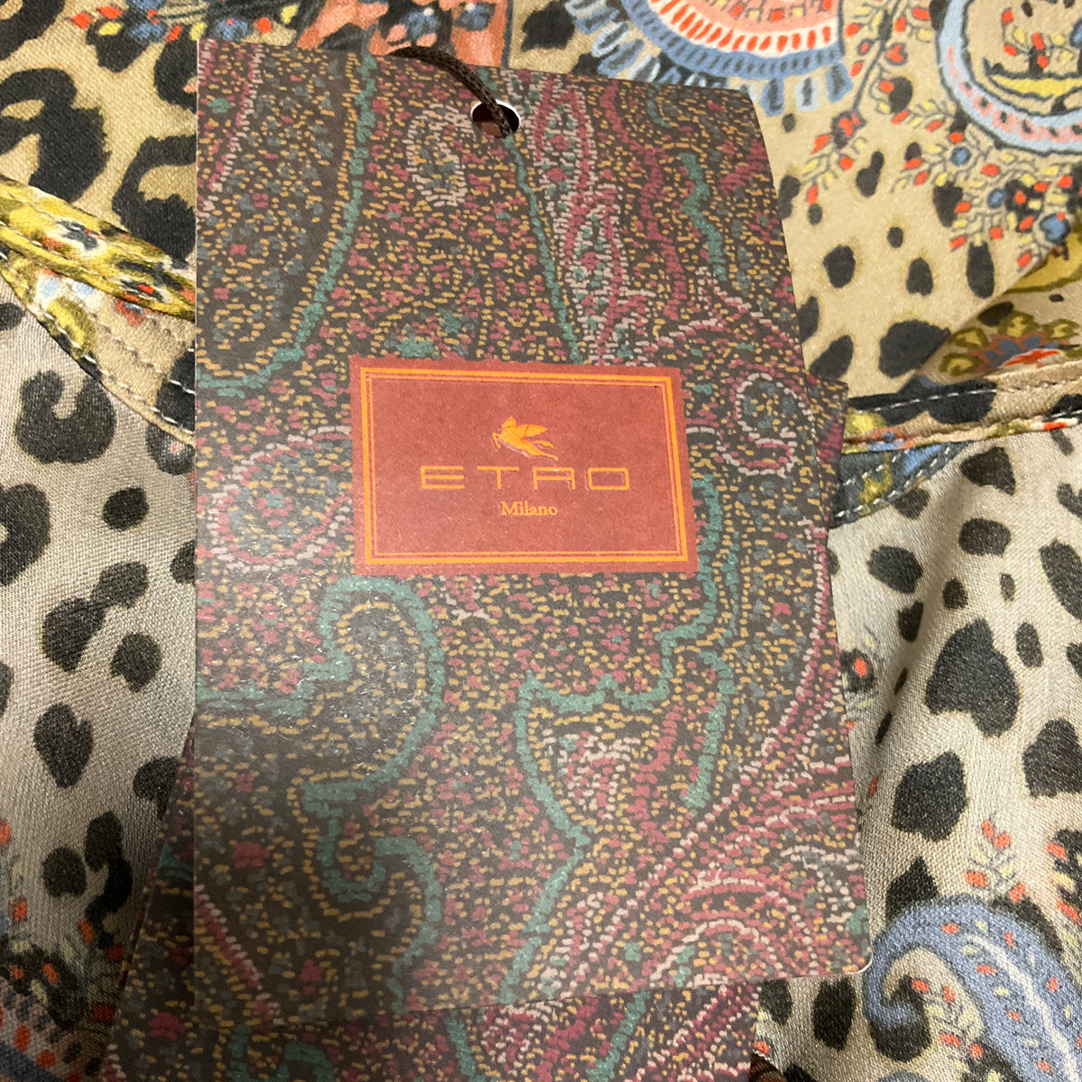 Etro Beige Multi Paisley and Leopard Print Ruffled Collar Moro Silk Shirt