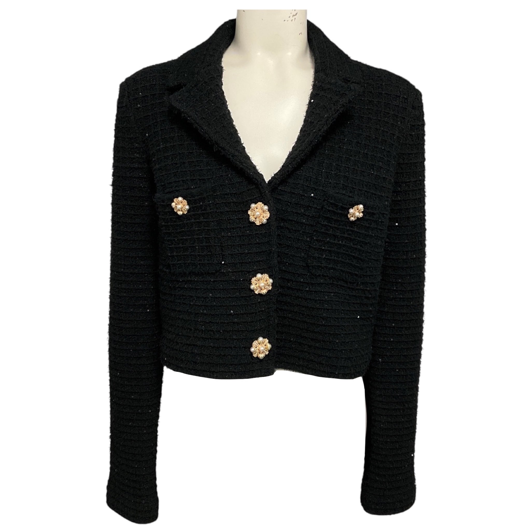 Self-Portrait Black Sequined Knit Crop Jacket with Pearl Embellished Buttons