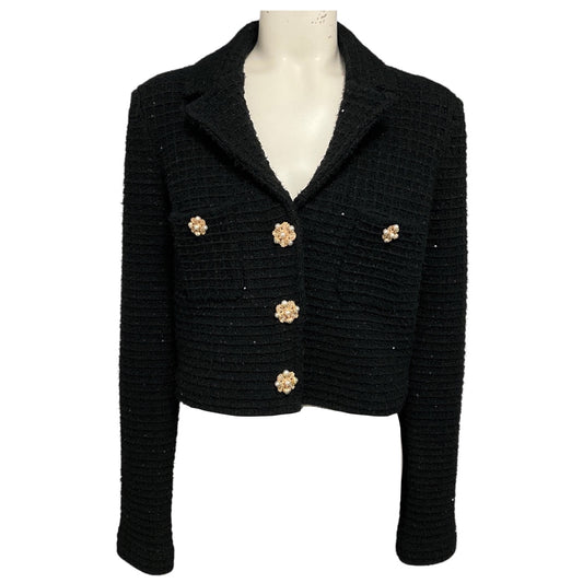 Self-Portrait Black Sequined Knit Crop Jacket with Pearl Embellished Buttons