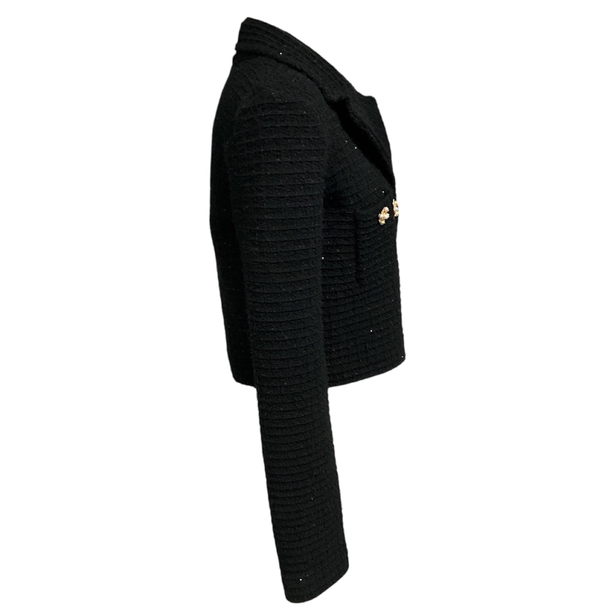 Self-Portrait Black Sequined Knit Crop Jacket with Pearl Embellished Buttons