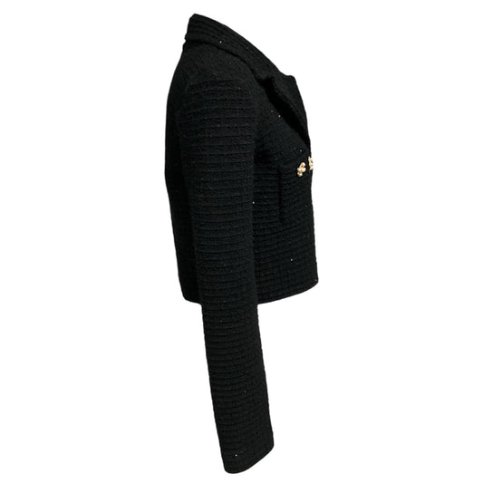 Self-Portrait Black Sequined Knit Crop Jacket with Pearl Embellished Buttons